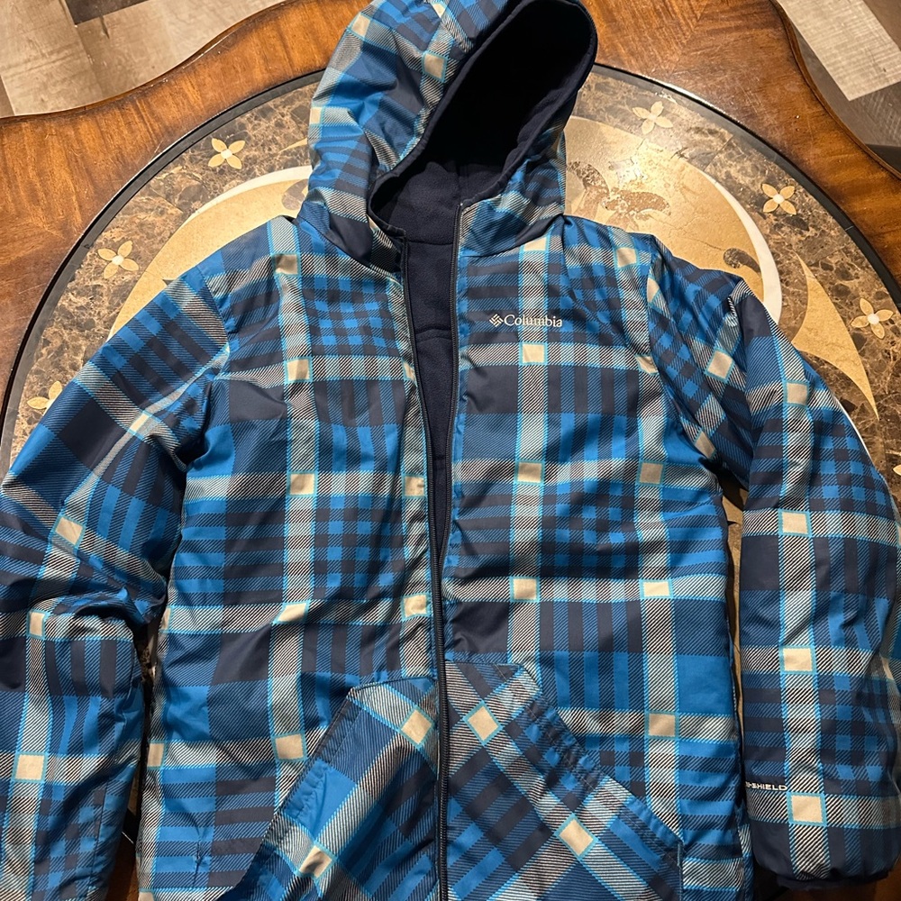 Boys Columbia Blue Plaid Hooded Jacket reversible size Large 14/16